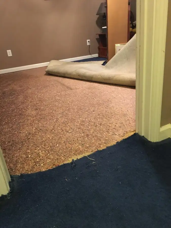 Carpet pad removal revealing water damage during Water Mitigation Services in Riverbank