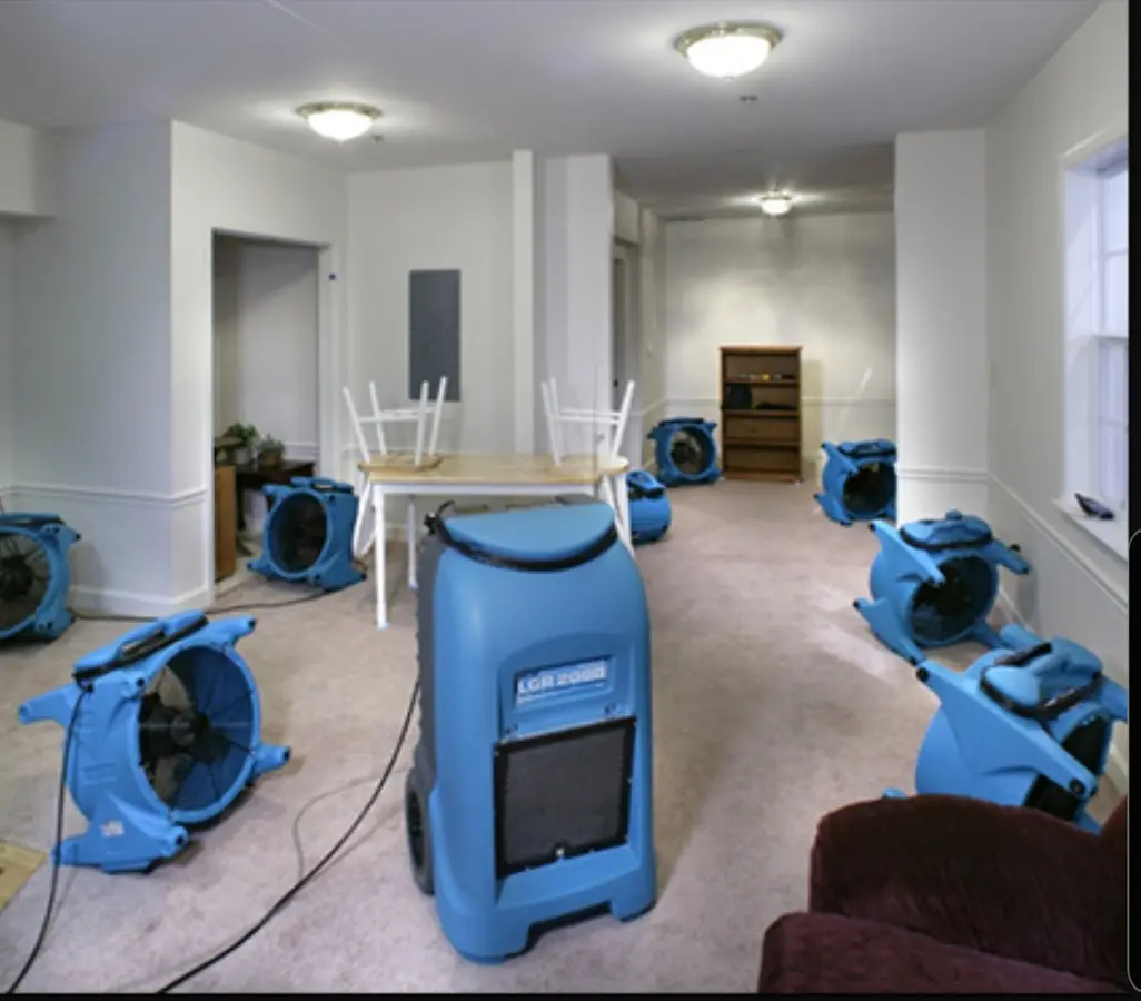 Air movers and dehumidifier setup for Water Damage Restoration in Riverbank